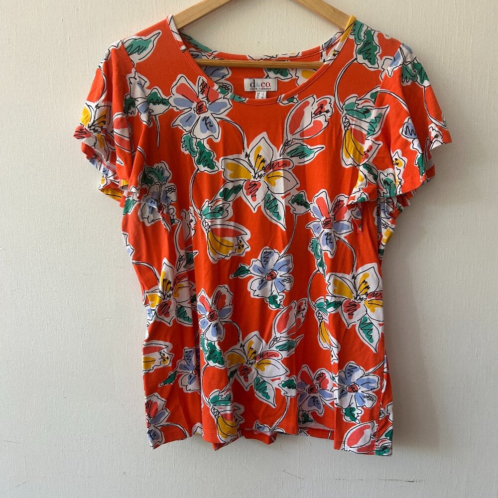 D&Co Cottagecore T-shirt Womens Large Orange Floral Ruffle Sleeves Garden Picnic